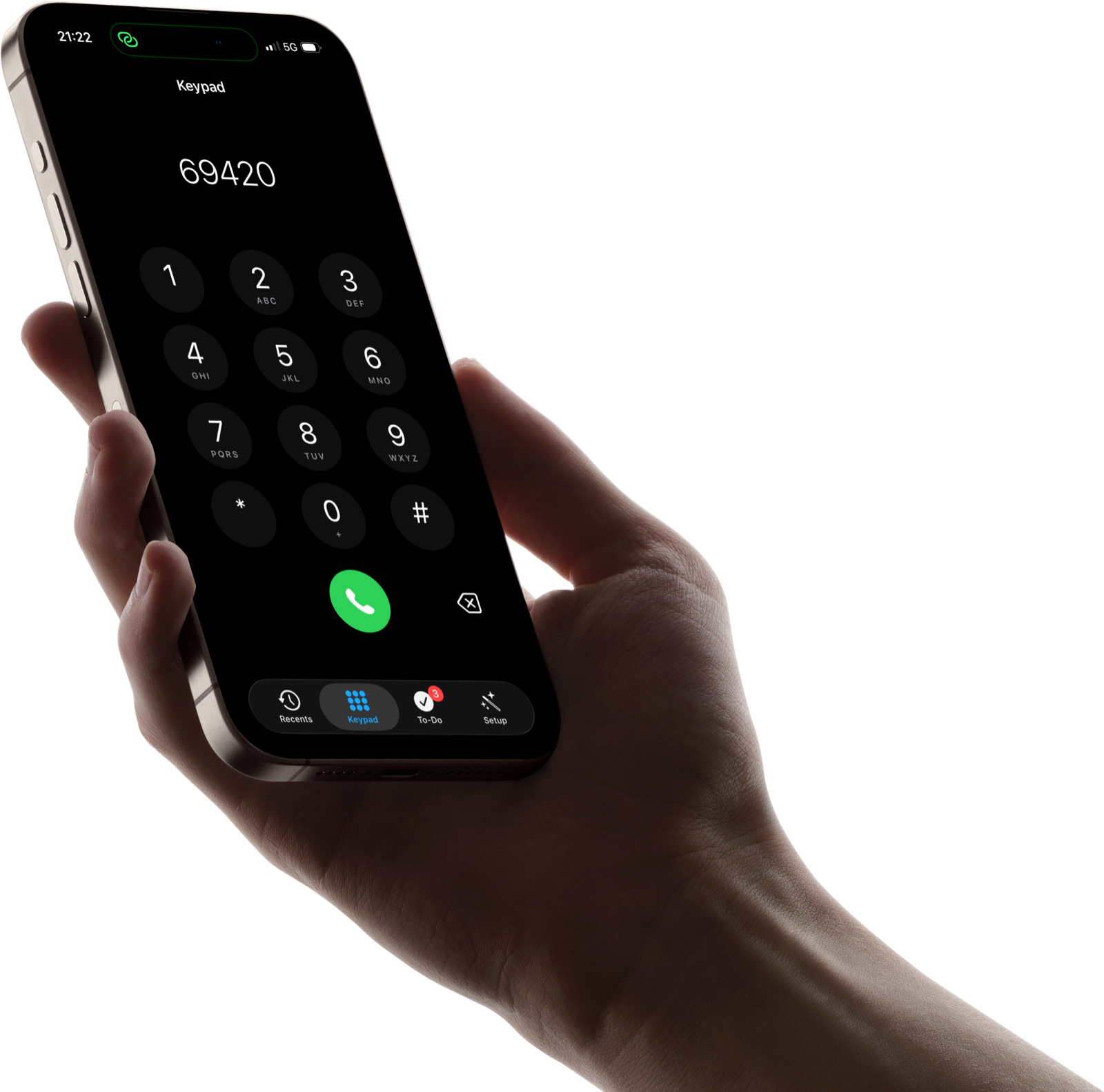 Recaller.ai öppen på knappsatsen, med flikarna Recents, Keypad, To-Do och Setup